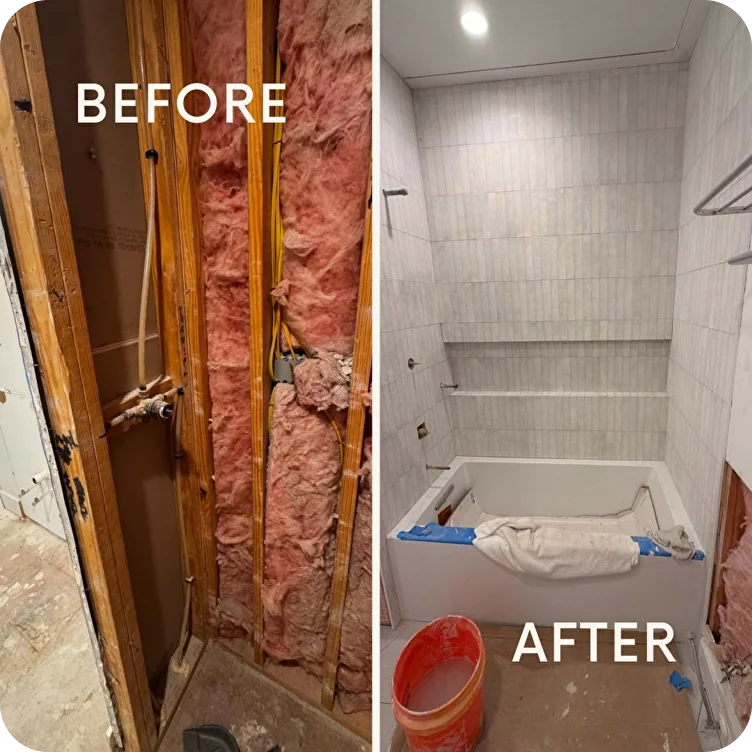 Before and after of a full bathroom rebuild with new tub and tile shower by Barys Tile