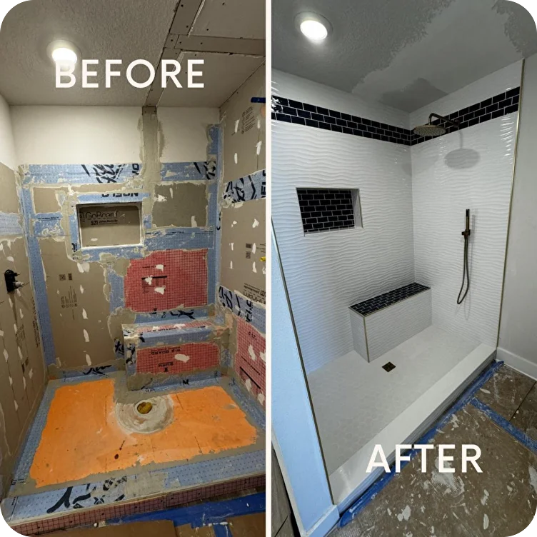 Before and after of a custom walk-in tile shower with bench by Barys Tile